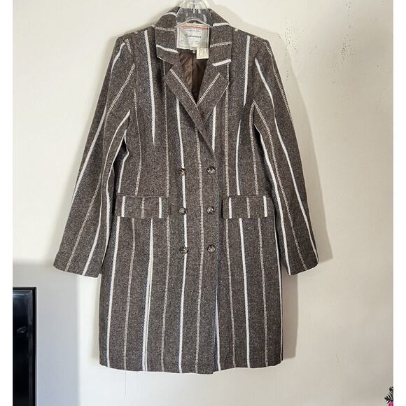 Anthropologie Cartonnier Coat Jacket Womens M Brown White Striped Wool Blend - Picture 2 of 9